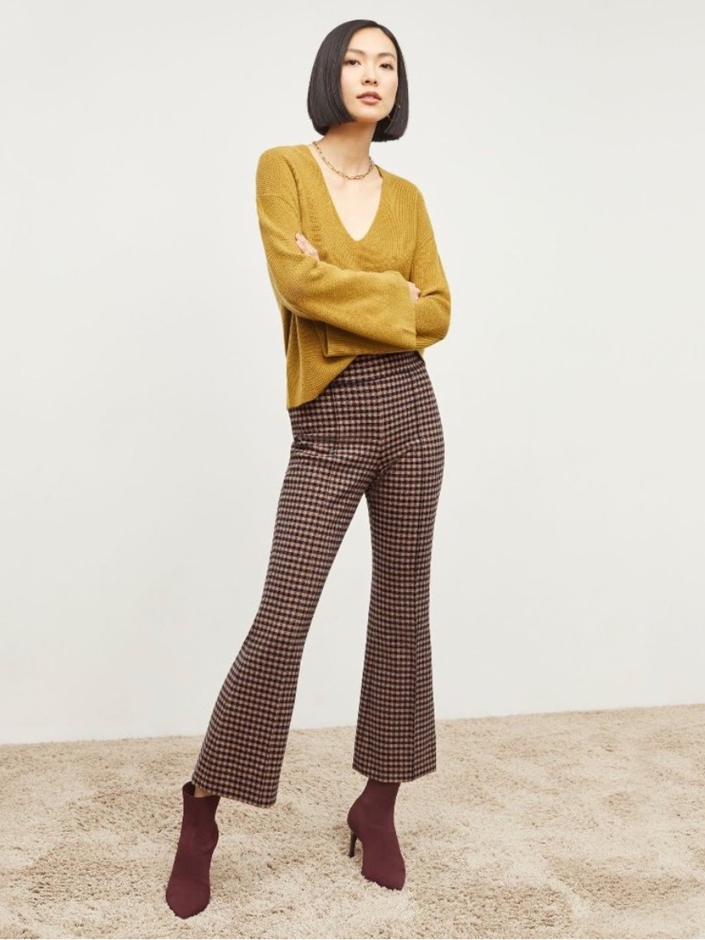 MM Lafleur Shiloh 1.0 Pant Plaid Knit Camel Black Flare Crop High Waisted